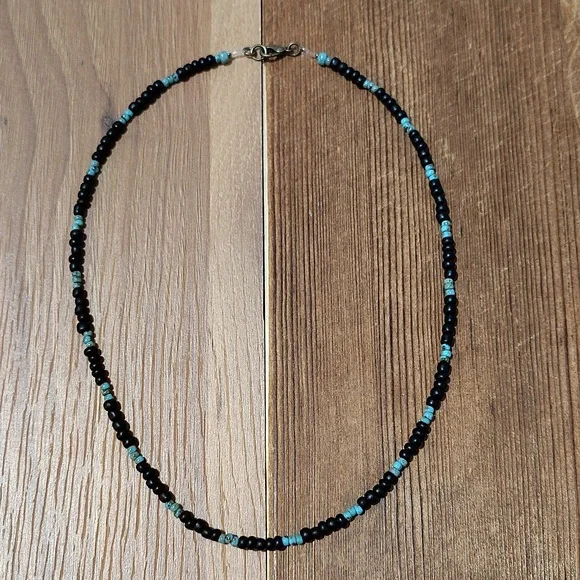 Black and Turquoise Beaded Necklace,  Handmade Men's Necklace,  Black - Picture 4 of 6